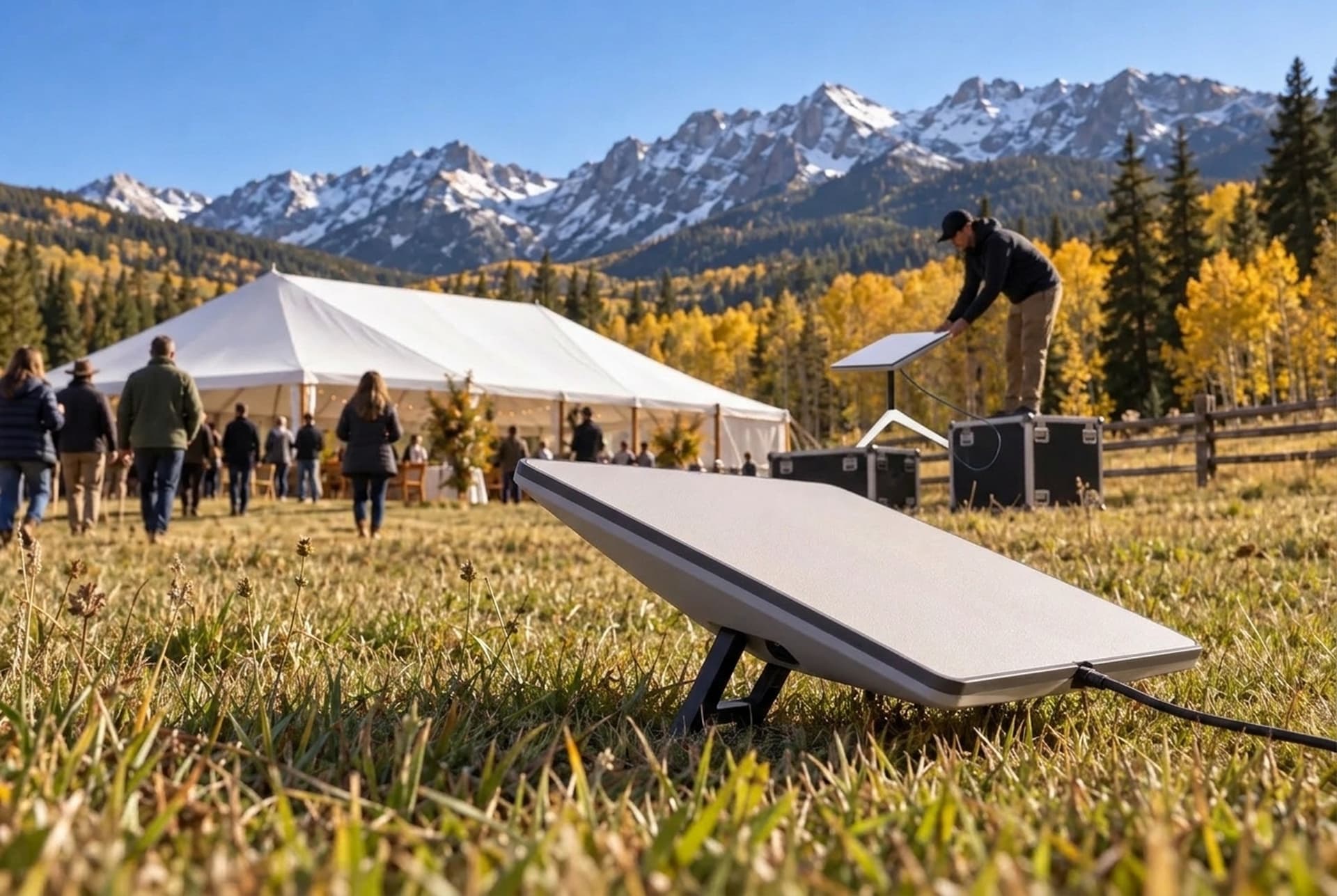 Starlink Mini on its kickstand in a mountain meadow as a team walks to a retreat tent and an access point goes up beside it