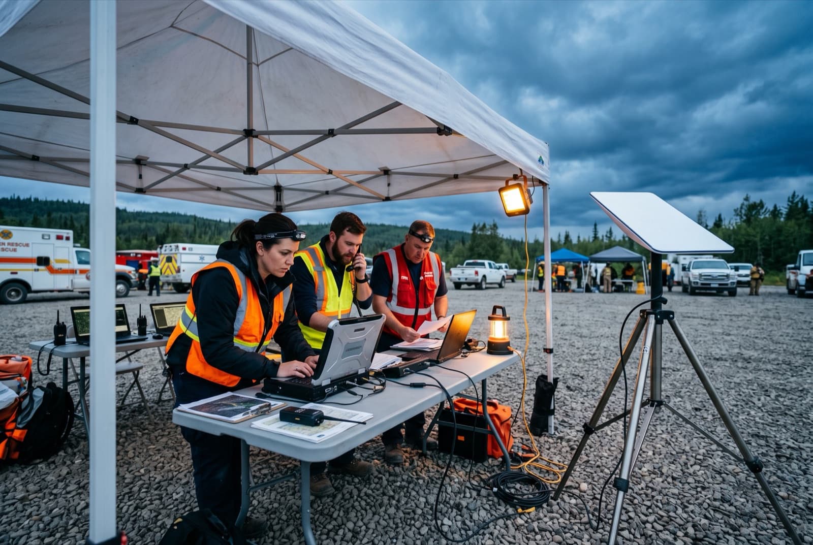 Relief workers coordinating at a staging area