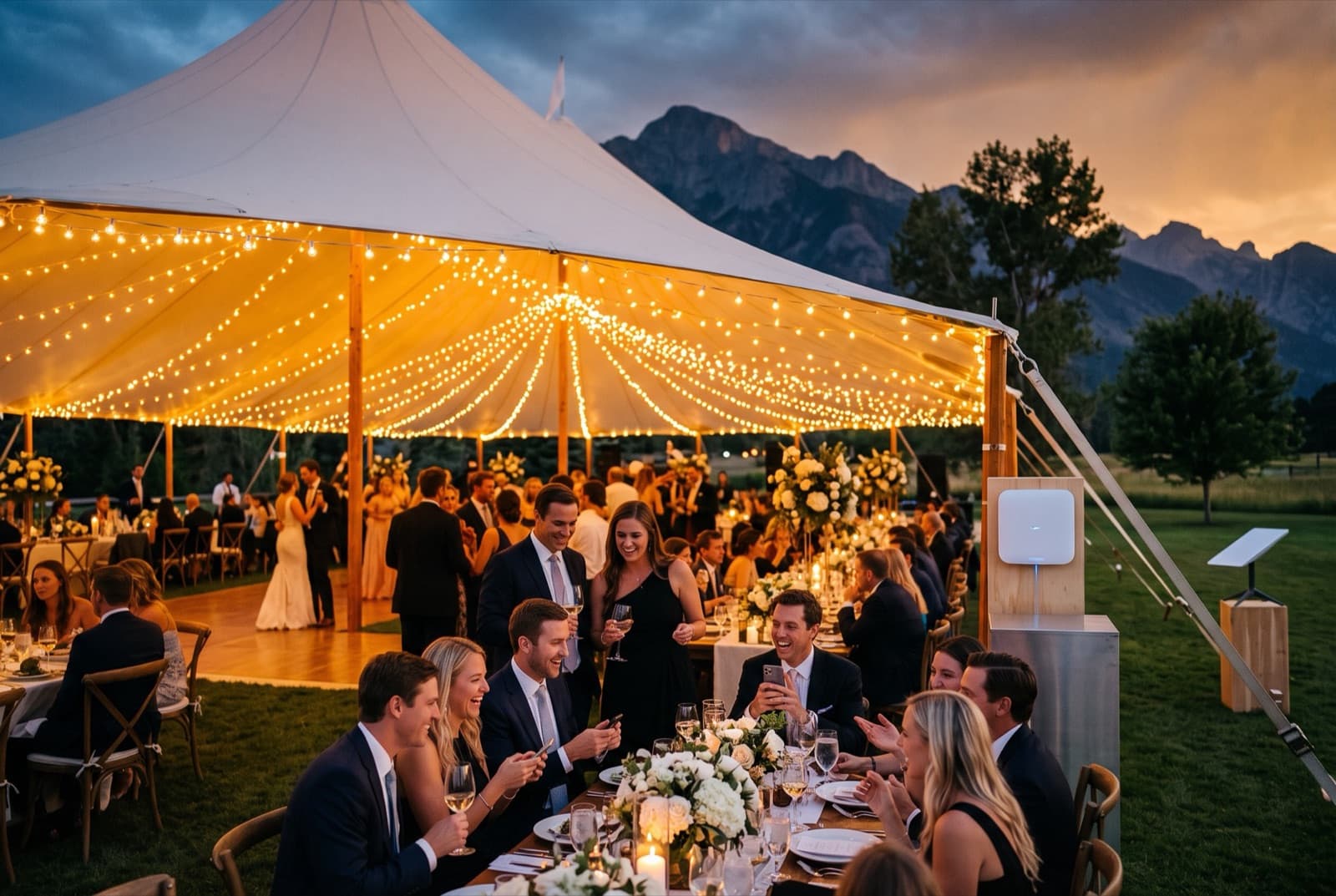 Outdoor event venue with string lights and guests