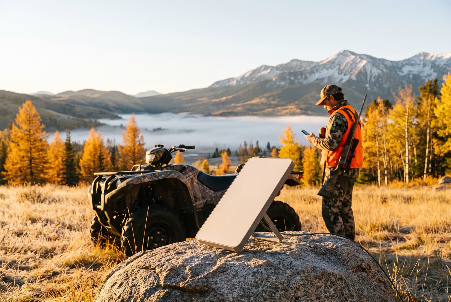Starlink Mini on its kickstand aimed at open sky beside an ATV at a frosty hunting camp at sunrise