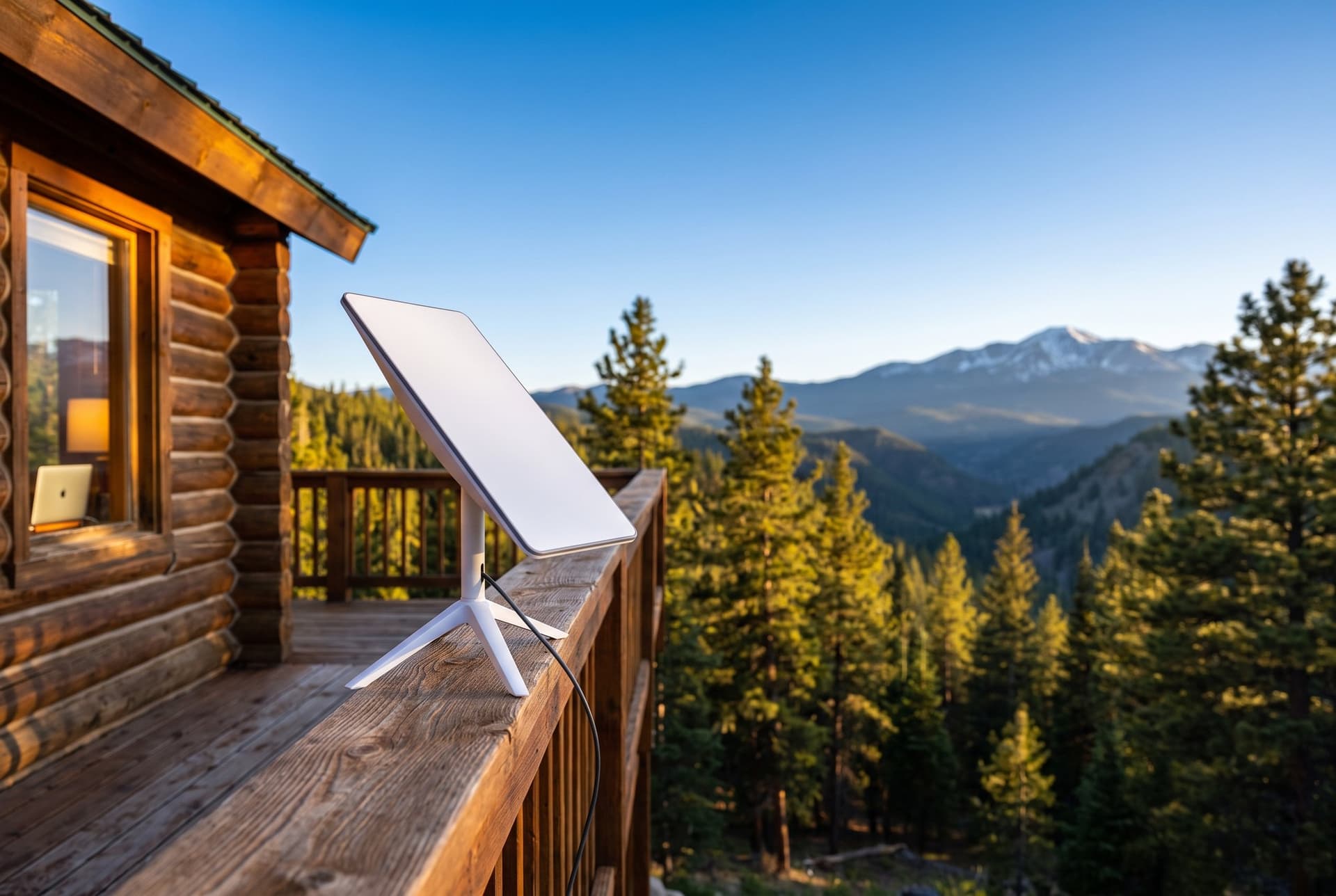 Starlink Mini on the deck railing of a mountain cabin with pine forest and peaks behind it