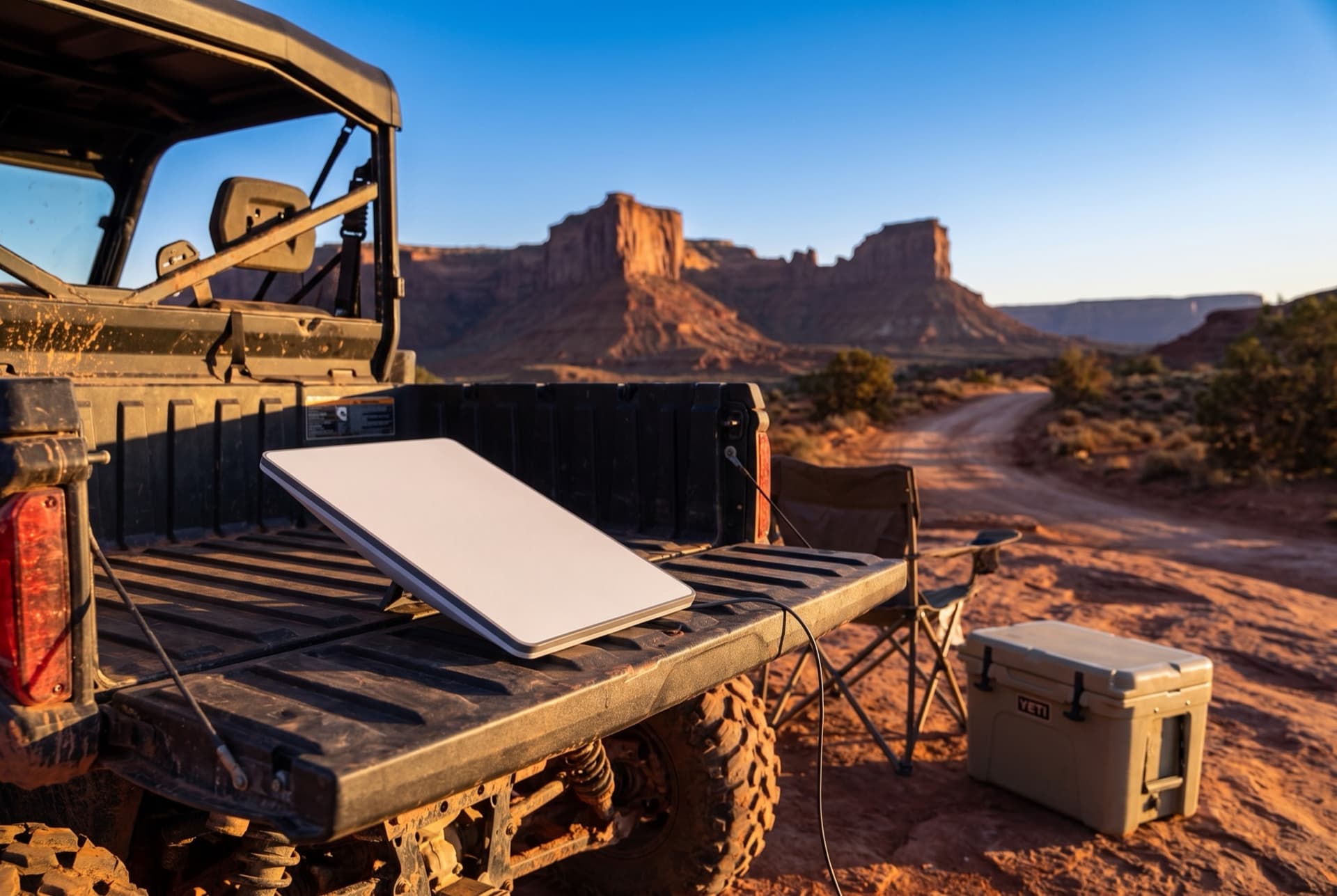 Starlink dish at an overland basecamp beside a UTV