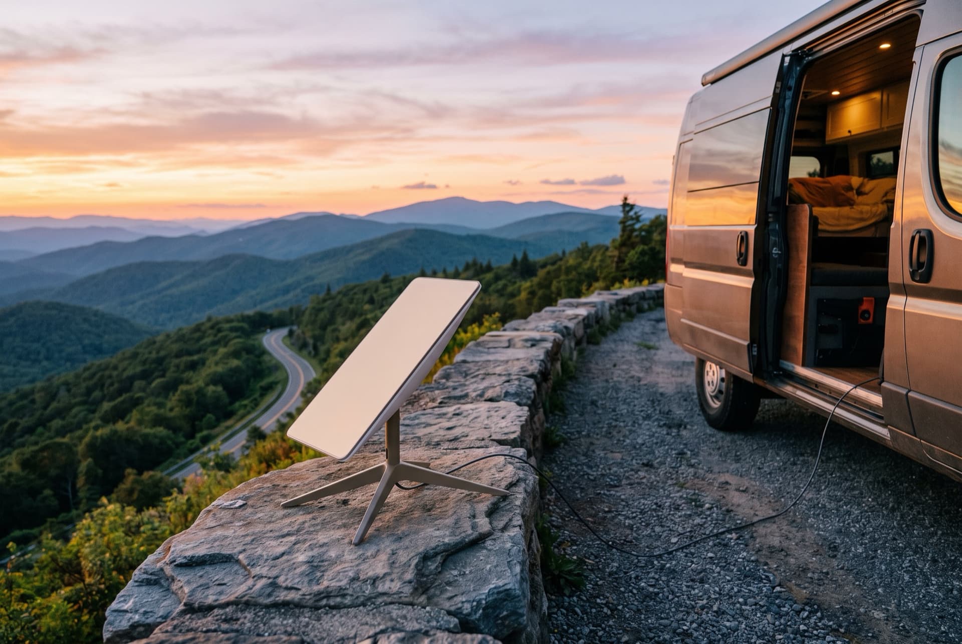 Starlink Mini aimed at open sky on a stone wall beside a camper van at a mountain overlook at sunset