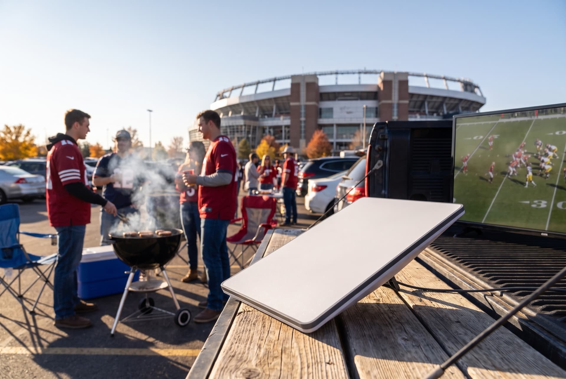 Tailgate setup with a TV, canopy, and Starlink dish