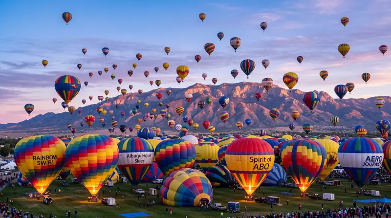 Hundreds of hot air balloons in mass ascension at dawn over Albuquerque with the Sandias behind