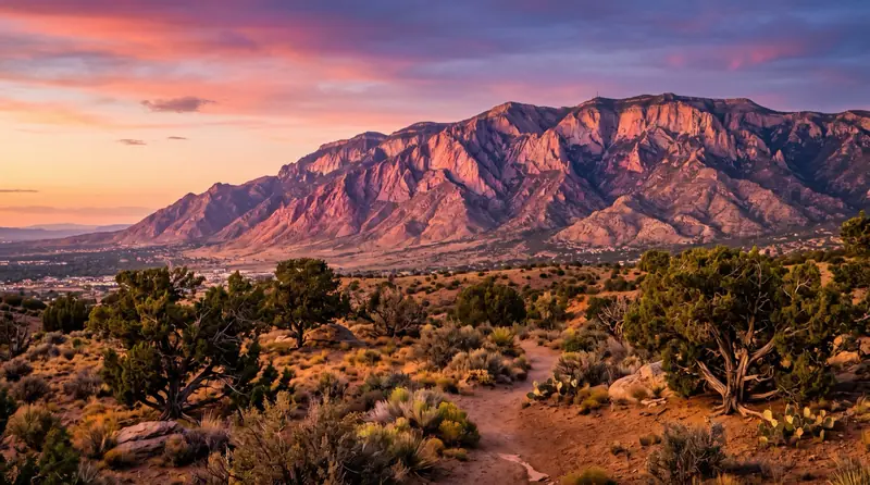 The Sandia Mountains above Albuquerque glowing watermelon pink at sunset