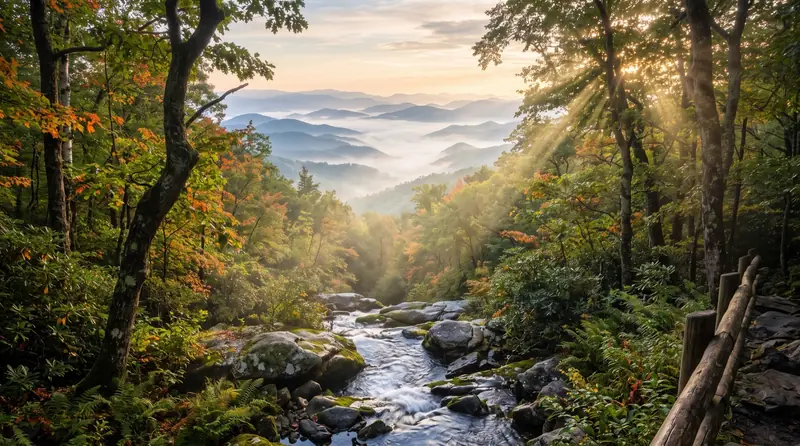 A misty north Georgia mountain morning with a cascading creek and fog in the forested valleys