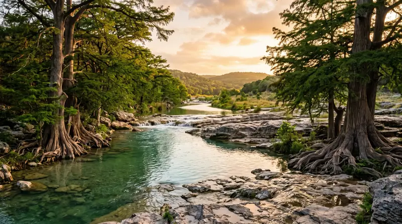 A Texas Hill Country river running clear over limestone ledges between bald cypress trees