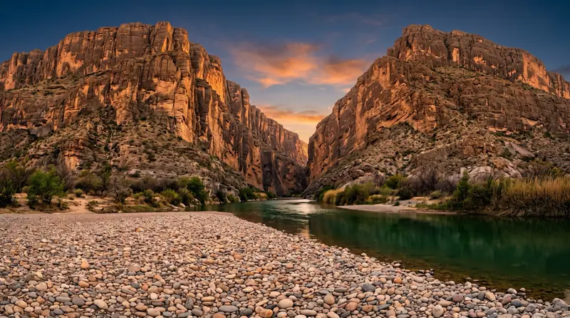 The sheer limestone walls of Santa Elena Canyon split by the Rio Grande in Big Bend
