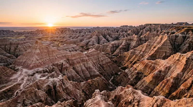 Eroded striped clay spires of the Badlands in pink, tan and rust at sunrise