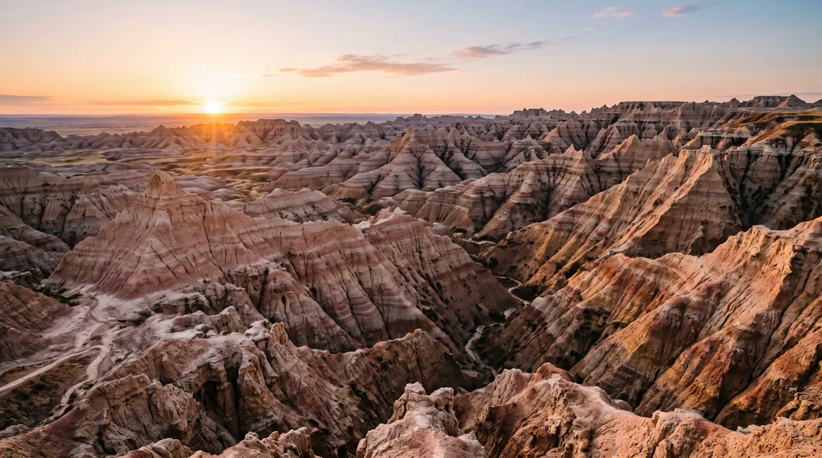 Eroded striped clay spires of the Badlands in pink, tan and rust at sunrise