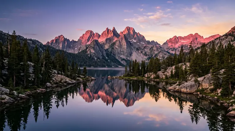 The jagged Sawtooth Mountains of Idaho reflected in a still alpine lake at sunrise