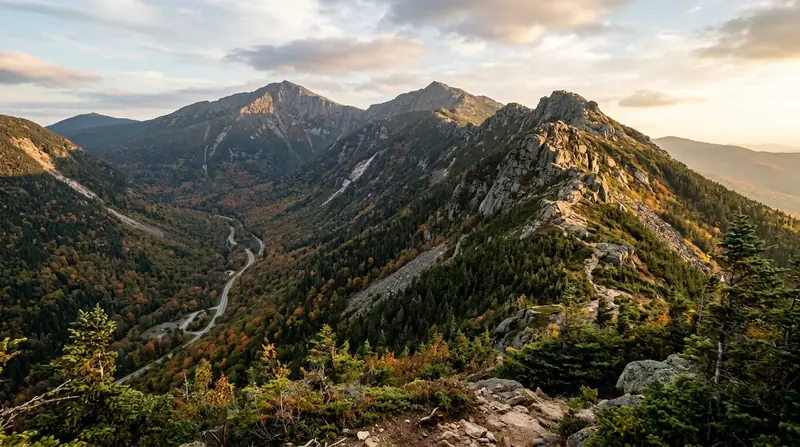 Rugged granite mountain ridge and notch pass in Franconia Notch and the White Mountains of New Hampshire