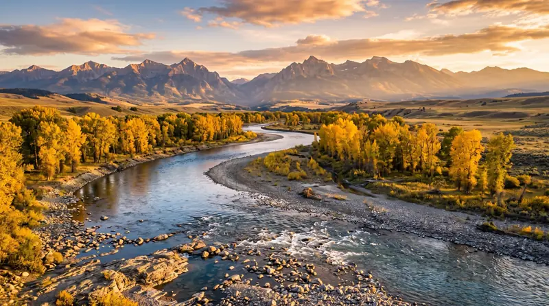 A clear Montana trout river winding through a valley at golden hour below the Absaroka range