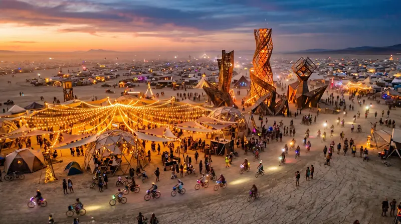 A temporary desert festival city at dusk, lit sculptural art and shade structures with bicycles in the dusty haze