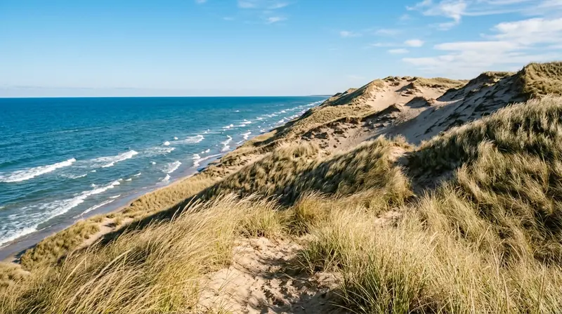 Coastal sand dunes and marram grass at Indiana Dunes National Park overlooking Lake Michigan