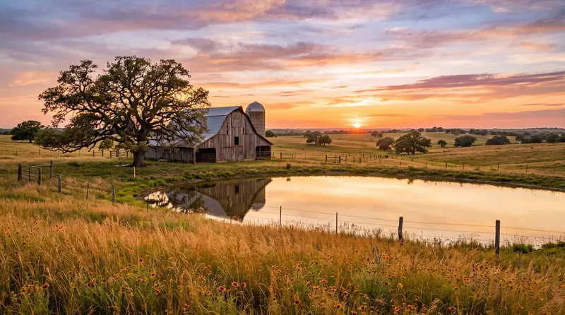 A North Texas ranch at golden hour with a wooden barn and live oak beside a stock pond