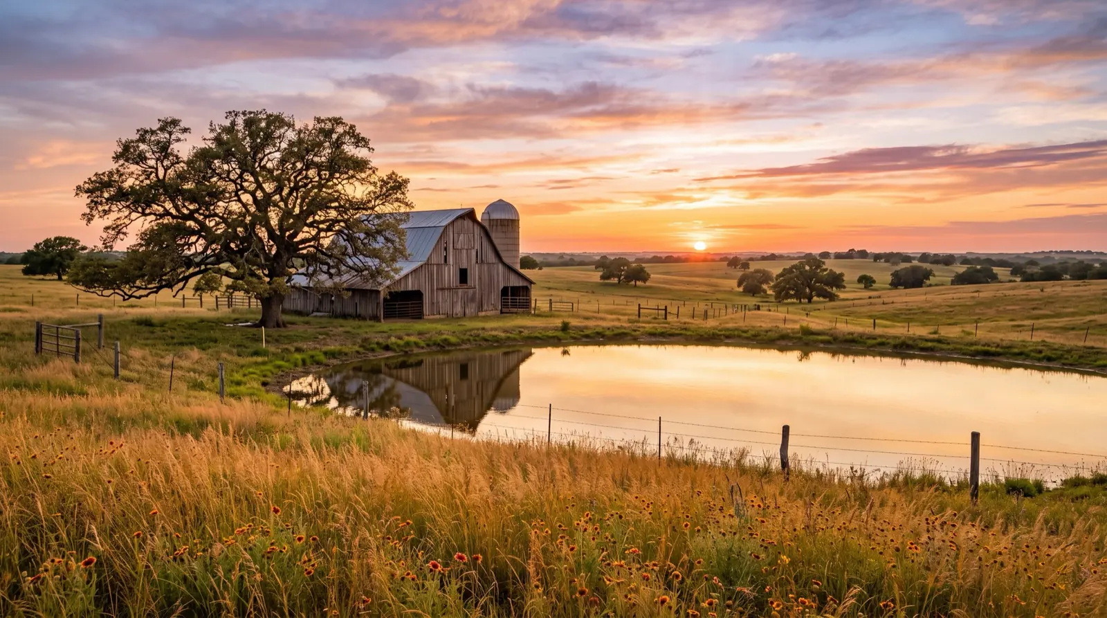 A North Texas ranch at golden hour with a wooden barn and live oak beside a stock pond
