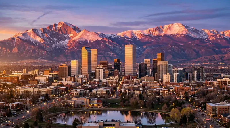 The Denver skyline at sunset with the snow-capped Front Range rising behind the downtown towers