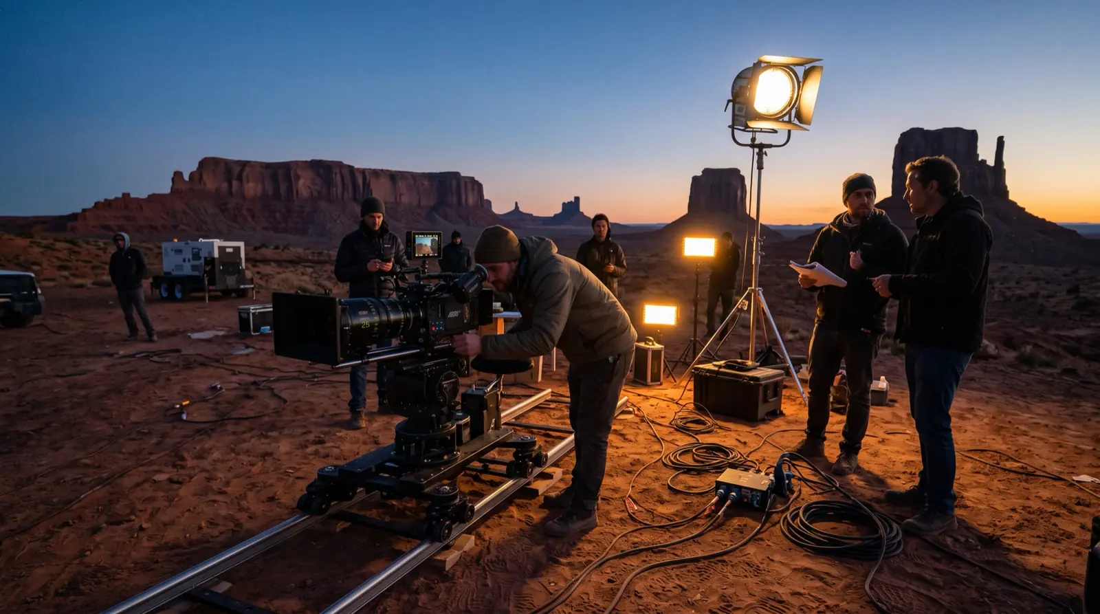 A film crew shooting on a remote desert location at dusk, camera and lights against red rock buttes