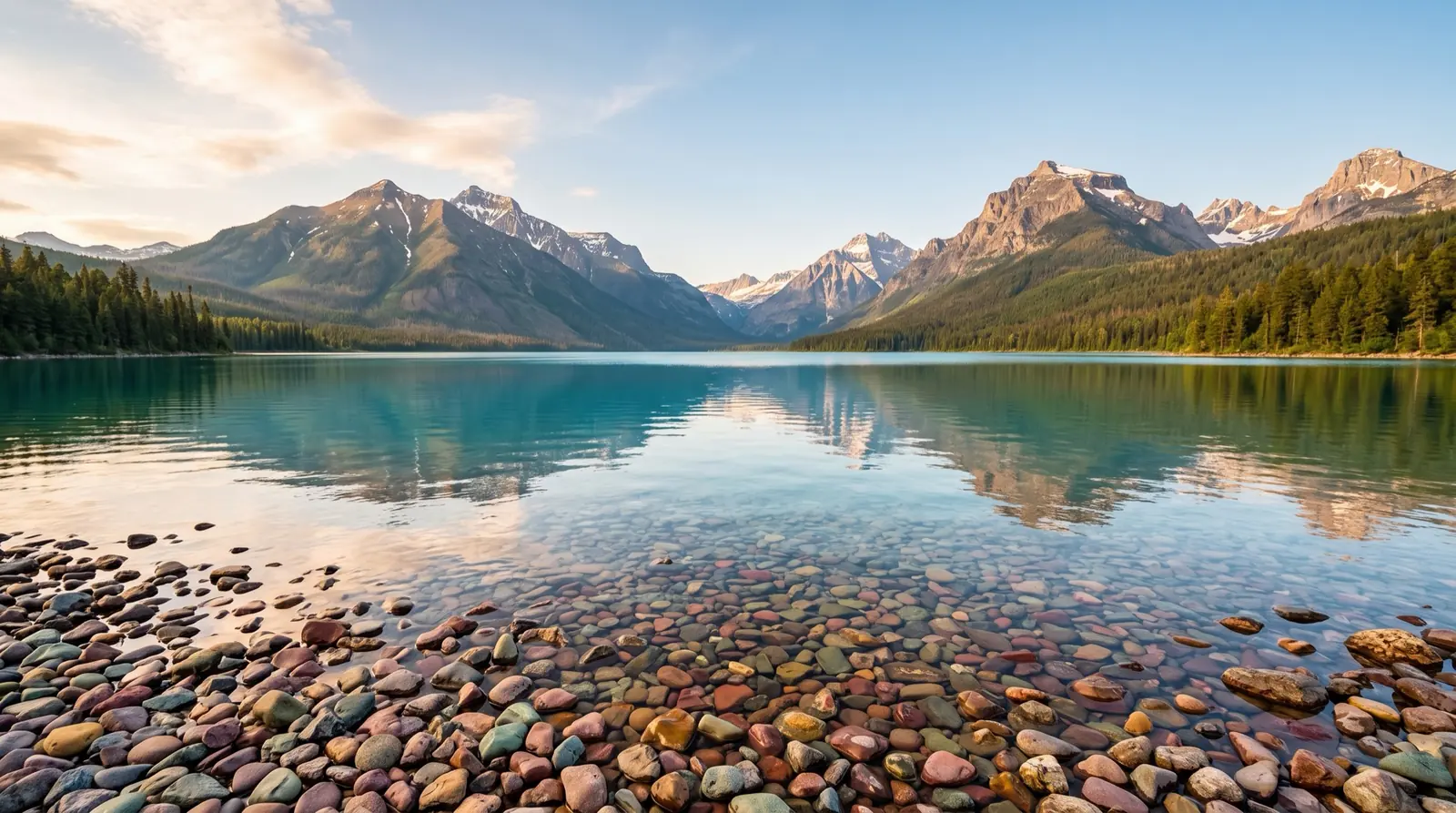 A turquoise glacial lake in Glacier National Park with steep peaks rising behind it