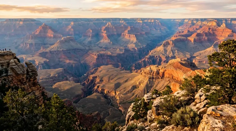 Layered red and amber buttes of the Grand Canyon receding into blue haze at golden hour
