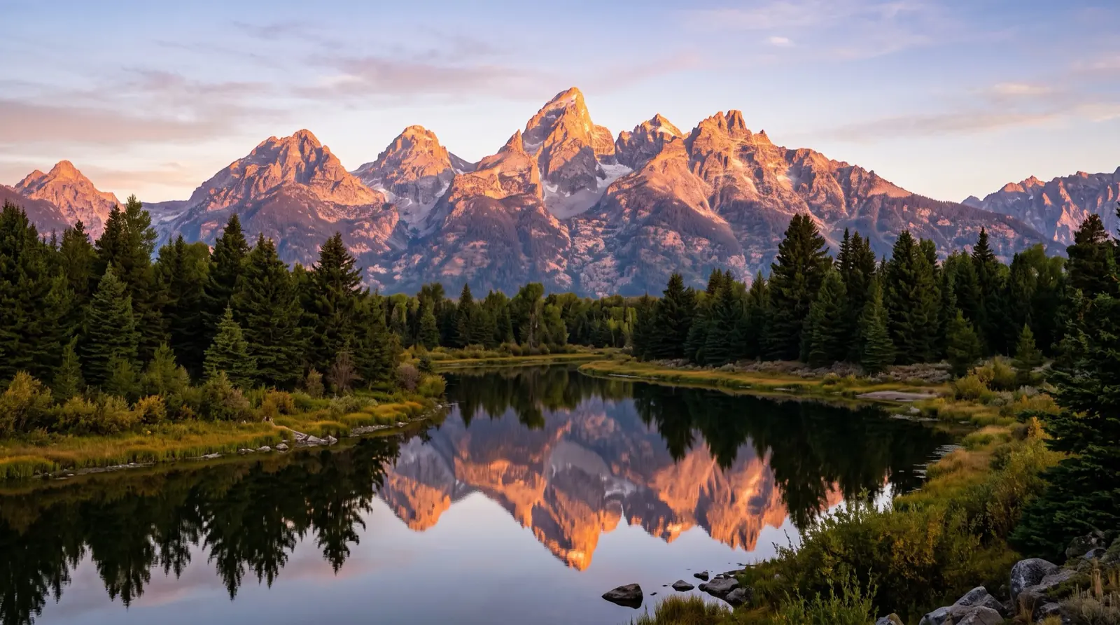 The Teton range at sunrise reflected in a bend of the Snake River