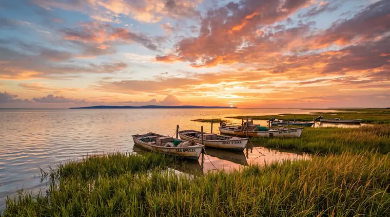 A Texas gulf coast bay at sunset with marsh grass and small fishing boats moored