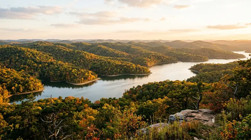 Forested rolling hills and quiet coves of Brown County State Park and Lake Monroe in southern Indiana