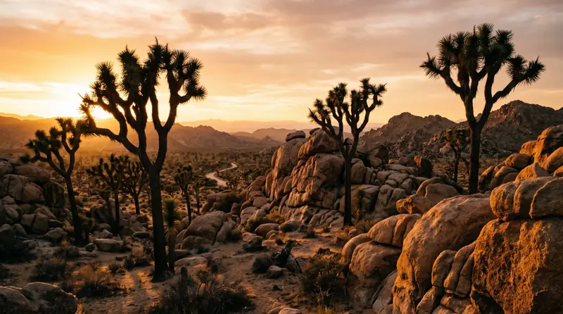 Joshua trees and stacked granite boulders silhouetted at golden hour in Joshua Tree
