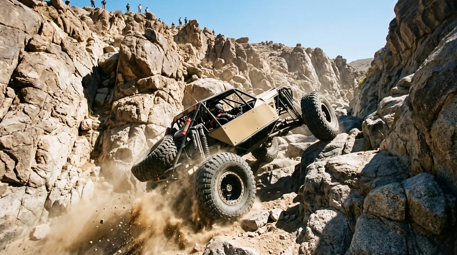 A rock-crawling race buggy climbing a boulder-choked desert canyon with spectators on the rim