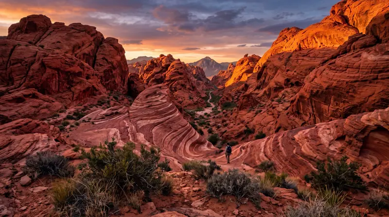 Vivid red Aztec sandstone formations in the Nevada desert outside Las Vegas at sunset