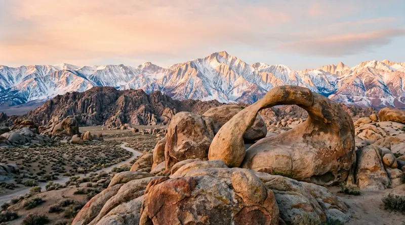 Granite boulders of the Alabama Hills at sunrise below the snow-covered Sierra Nevada crest