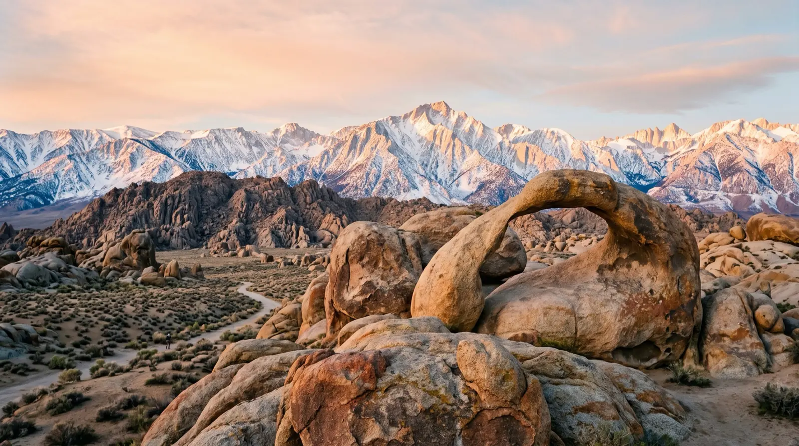Granite boulders of the Alabama Hills at sunrise below the snow-covered Sierra Nevada crest