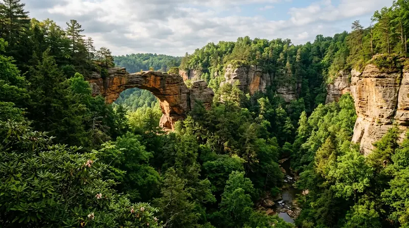 Towering sandstone cliffs and dense forested gorge of Red River Gorge Geological Area in Kentucky
