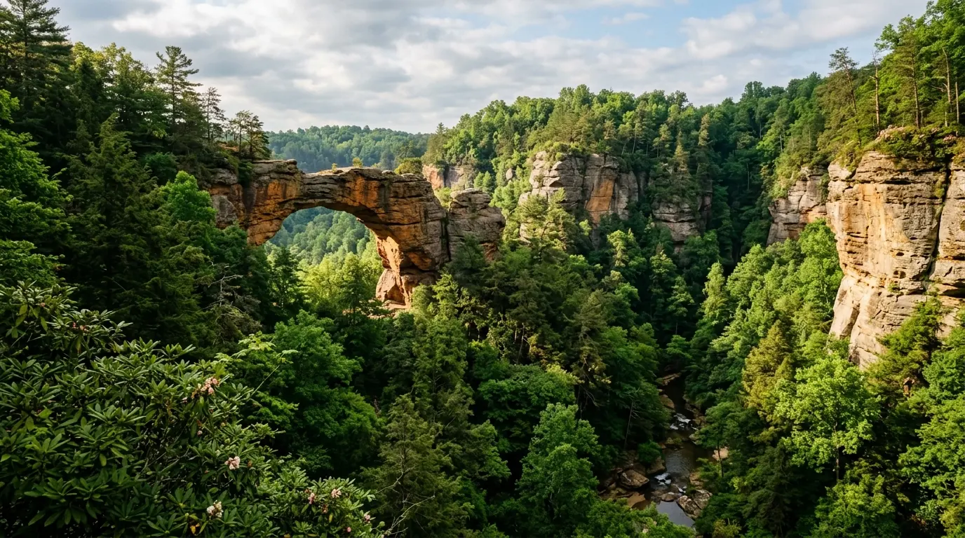 Towering sandstone cliffs and dense forested gorge of Red River Gorge Geological Area in Kentucky