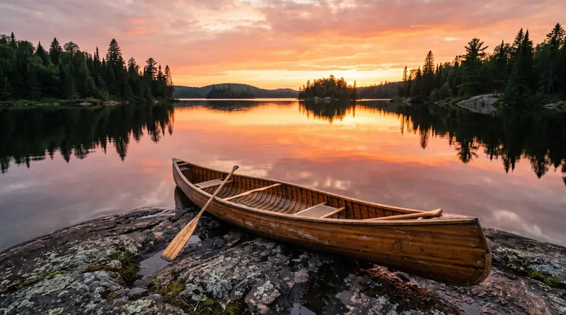 A canoe pulled up on a rocky point of a northern Minnesota lake at sunset