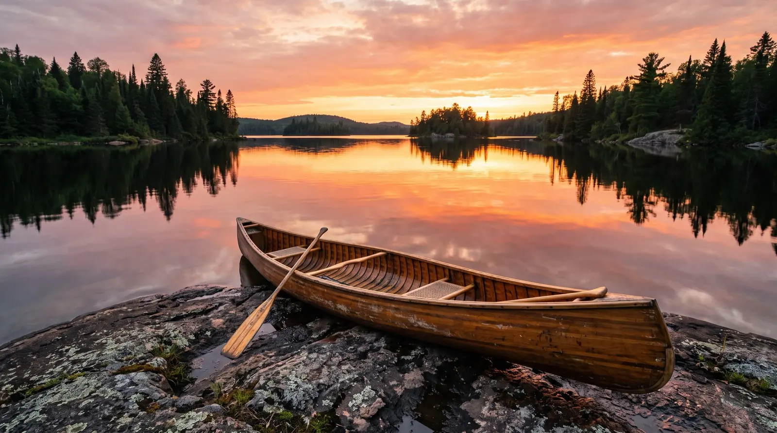 A canoe pulled up on a rocky point of a northern Minnesota lake at sunset