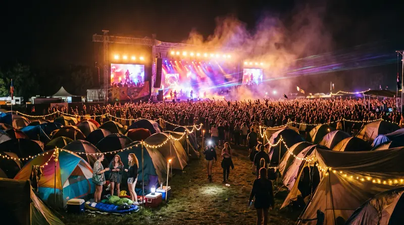 A festival stage glowing at night beyond a crowd, with tents and string lights across the campground