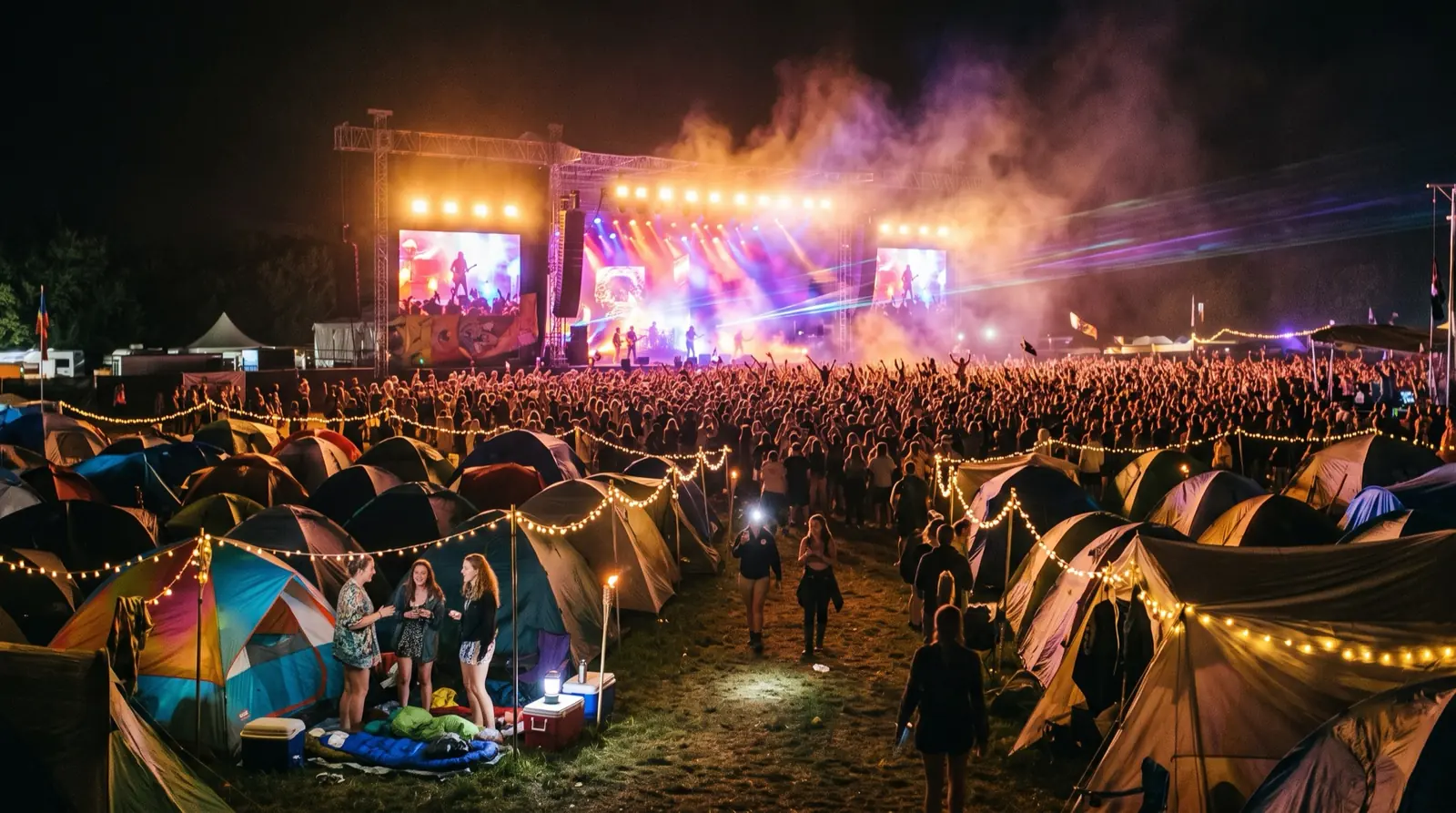 A festival stage glowing at night beyond a crowd, with tents and string lights across the campground