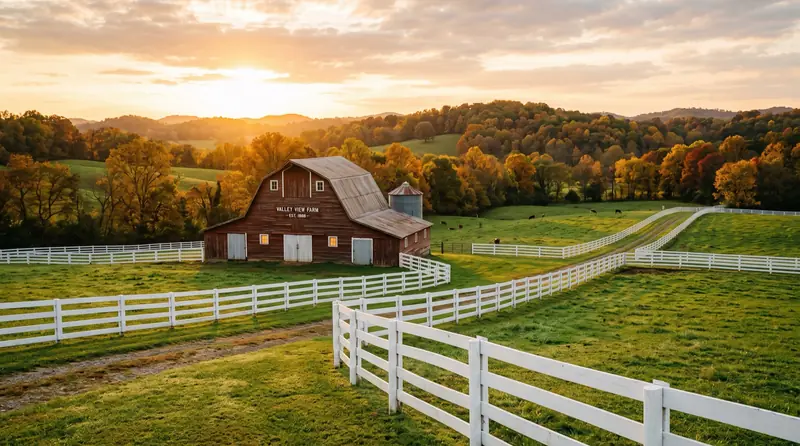 A Middle Tennessee farm at golden hour with a red barn and white fences across rolling pasture
