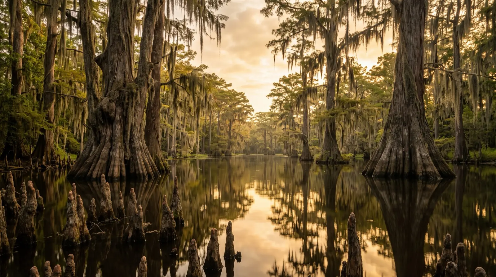 Bald cypress draped in Spanish moss rising from still bayou water at golden hour