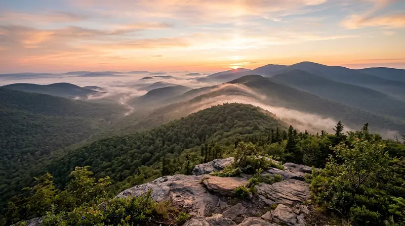 Catskill Mountains wilderness overlook with rugged peaks and forested Hudson Highlands valley at sunrise