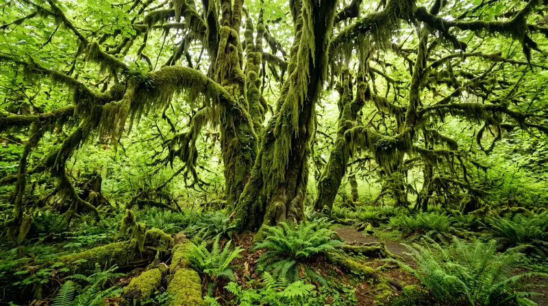 Moss-draped bigleaf maples and ferns in the Hoh Rain Forest of Olympic National Park