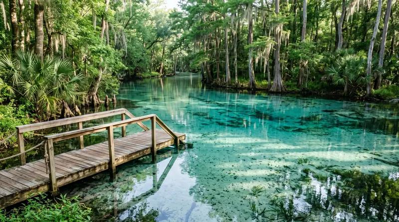 A central Florida freshwater spring, clear turquoise water ringed by cypress and palmetto