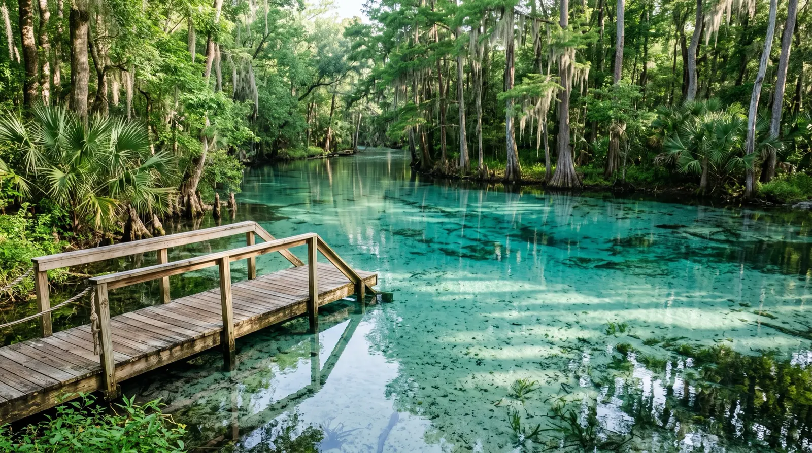 A central Florida freshwater spring, clear turquoise water ringed by cypress and palmetto