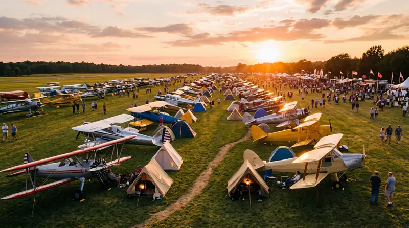 Rows of polished vintage aircraft parked wingtip to wingtip on grass with tents pitched beneath the wings