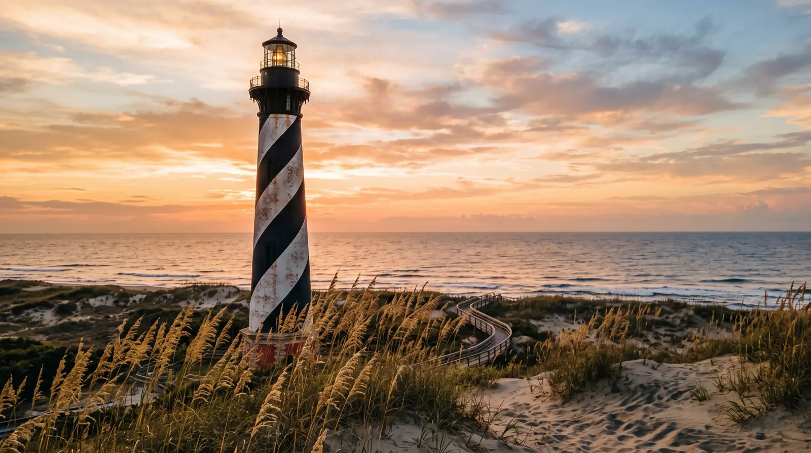 A spiral-striped Outer Banks lighthouse above the dunes and sea oats at golden hour