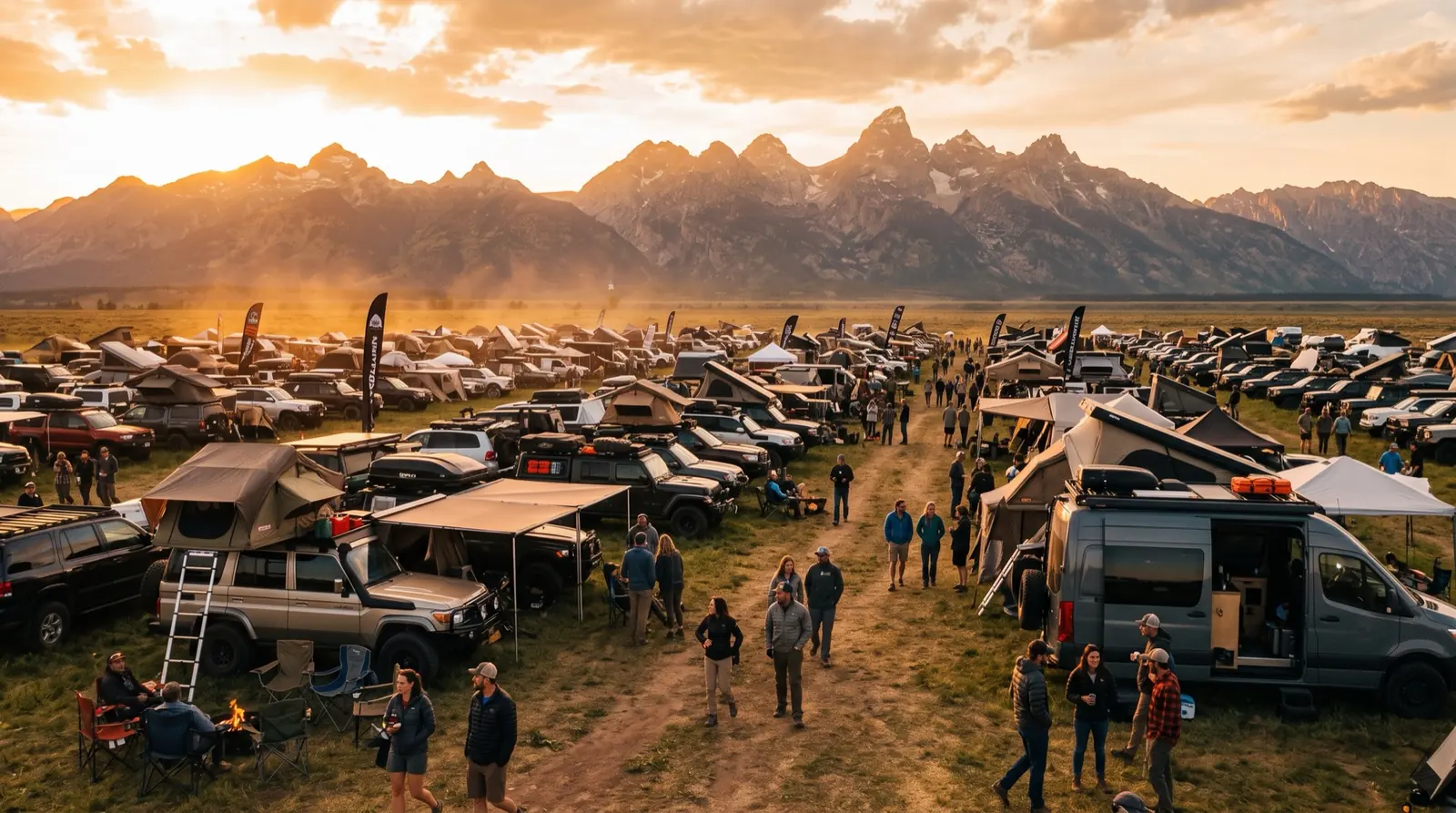 Kitted-out overland rigs with rooftop tents and awnings open across an expo field at golden hour