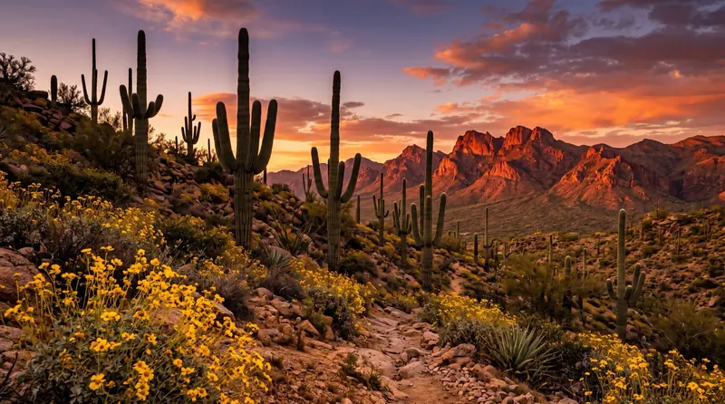 Towering saguaro cacti on a Sonoran desert hillside outside Phoenix at sunset
